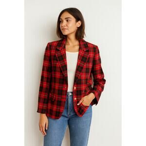 Pendleton SZ 14P VTG 100% Virgin Wool Red & Black Tartan Plaid Blazer